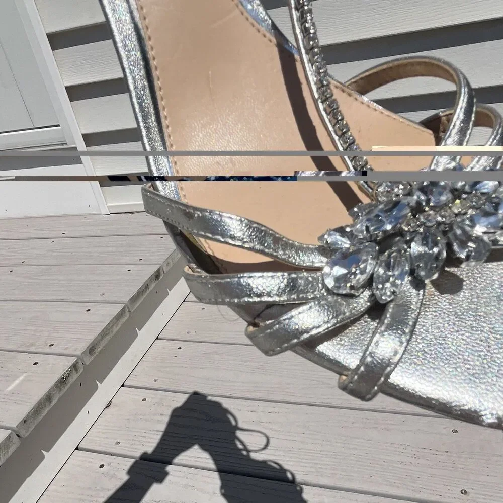 Jewel Badgley Mischka Silver Strappy Crystal Open Toe Stiletto Zip Heel US 10